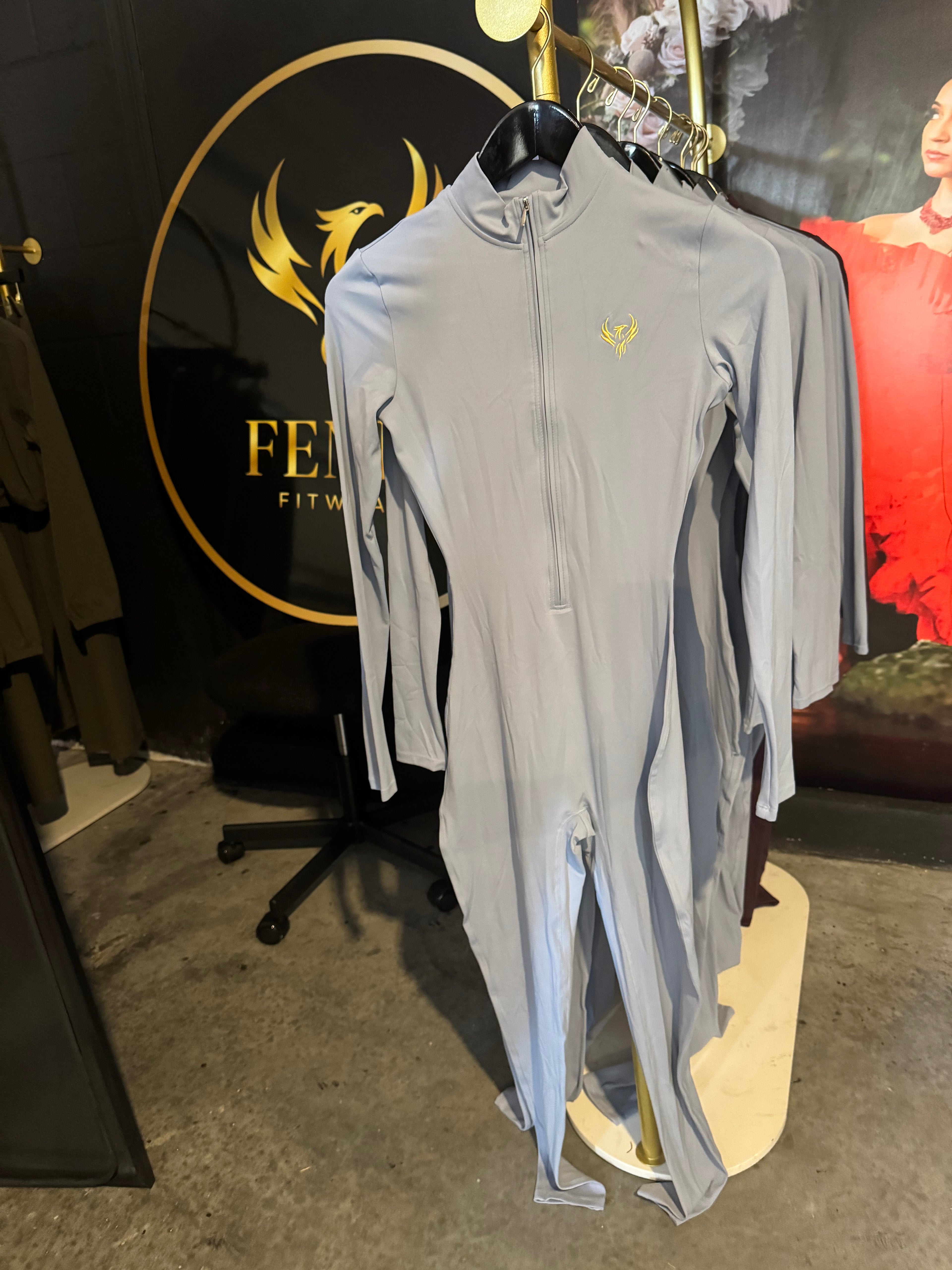 Jumpsuit sky blue & Brand embroidered in butter yellow